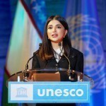 Saida Mirziyoyeva gives a speech at UNESCO headquarters