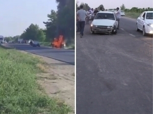 Nexia-2 car catches fire following an accident in Surkhandarya