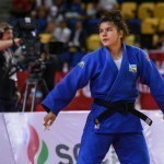 A female Uzbek judoka takes part in an international tournament