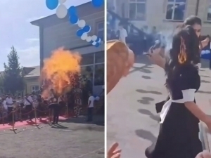 “Сўнгги қўнғироқ” куни газли шарлар портлаб, ўқувчи қизнинг сочи ёниб кетди (видео)