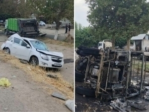 Toshkent viloyatida avariyaga uchragan yuk mashinasi yonib ketdi 