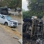 Toshkent viloyatida avariyaga uchragan yuk mashinasi yonib ketdi 