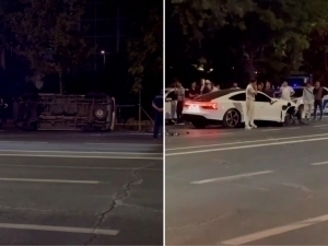 Тошкентда тез ёрдам машинаси Audi билан тўқнашиб, ағдарилиб кетди